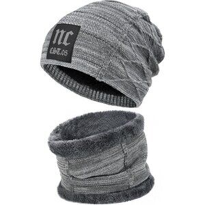 🆕 Men Grey Fleece Lined Winter Cap Beanie Scarf Set Knit Neck Warmer Nice Hat